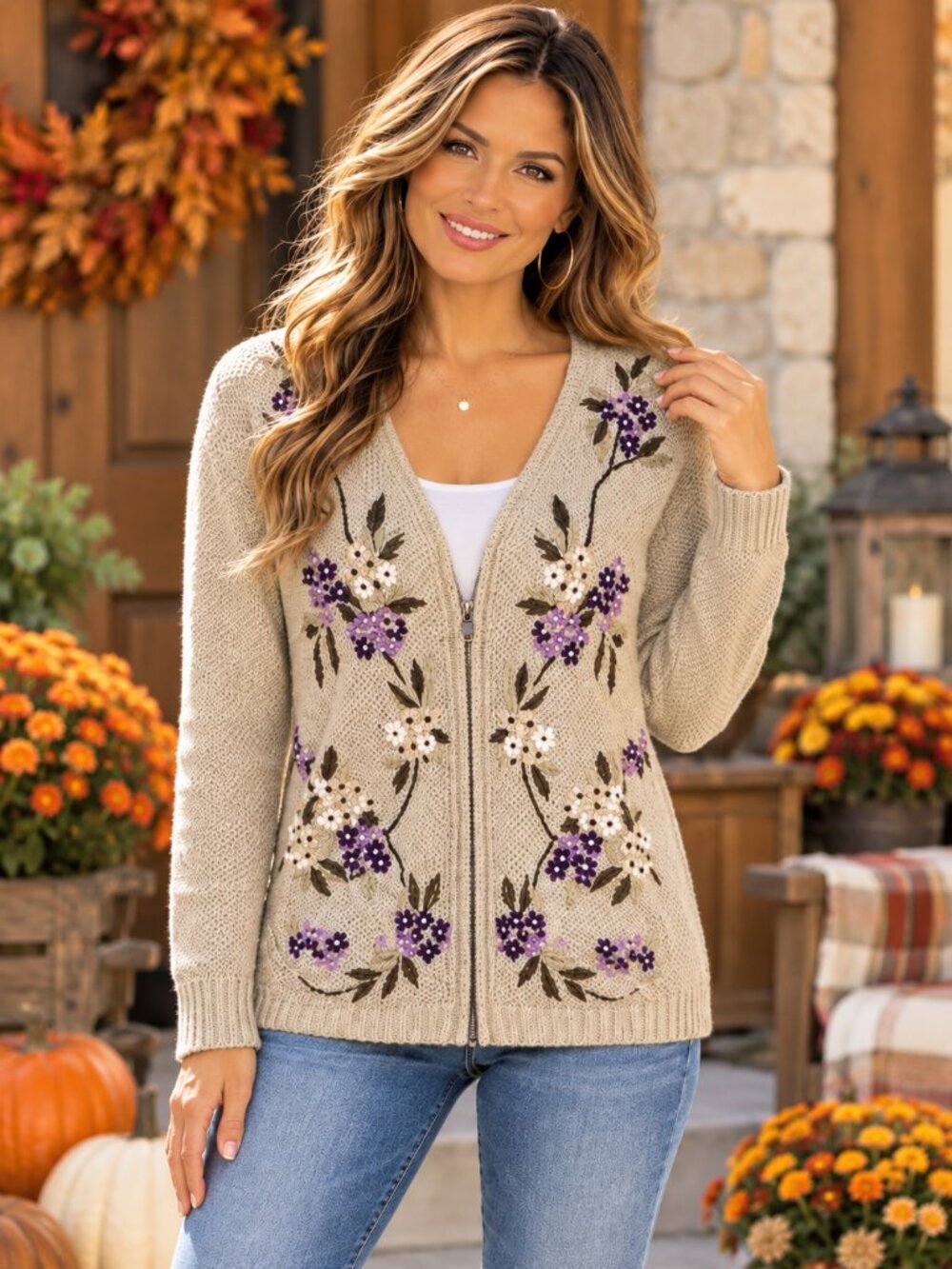 Alfred Dunner Floral Embroidered Textured Knit Zip Cardigan Sweater M